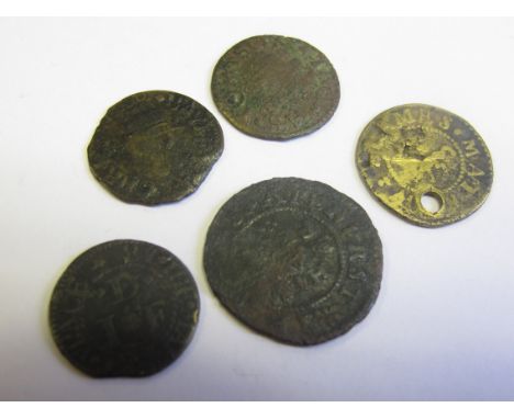 Surrey and Sussex 17th. century tokens, 4 x farthings and one halfpenny, 62, 110, 111 and 125, 298, one with old ticket, one 