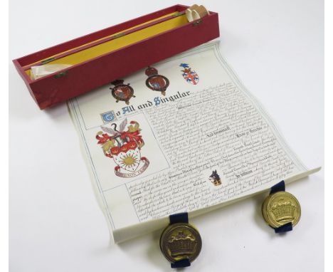Grant of Arms awarded to 956072 Sgt K P Leach RAF on vellum, in original QE2 case of issue. He was awarded to DFM on a reconn