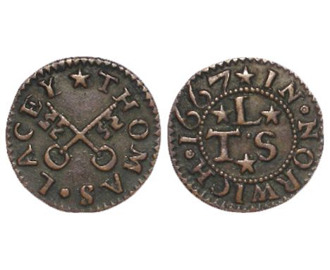 Norfolk, Norwich, 17th. century farthing token, by Thomas Lacey, 1667, D.162, with old ticket, scarce, nice grade, no corrosi