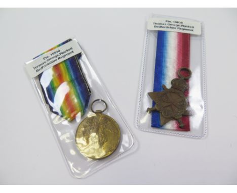 Bedford Regt - 1915 Star and Victory Medal (10830 Pte T G Waskett Bedf R). Also entitled to BWM, Silver War Badge and IGS wit