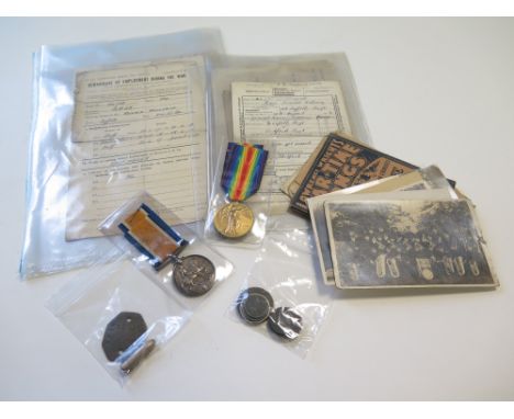 Suffolk WW1 BWM & Victory medals with good selection of WW1 service documents ID tag postcards WW2 Home Guard Service certifi