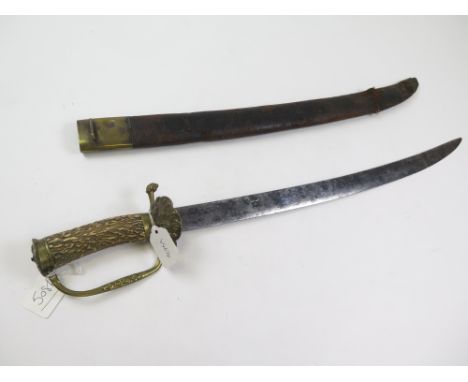 Sword: A 19th century hunting hanger. Unfullered slightly curved blade with clipped back point. Armoured mark (?) to both sid