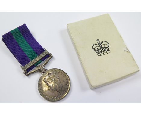 GSM GVI with Palestine 1945-48 clasp (10021974 Pte R Webb Surreys) with box of issue and issue letter, lived Lewisham. EF