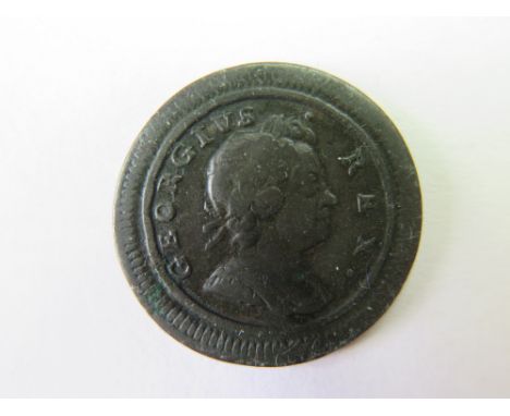 Farthing 1721/0 variety Obv: Strong curl just above ties. / Rev: B has first been cut as an R. Bramah 12b (Rare) bold Fine.