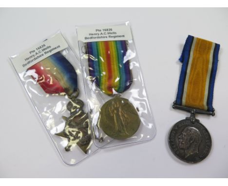 Bedford Regt - 1915 Star Trio (16826 Pte H A C Wells Bedf R) Served with the 8th Bn. (3)