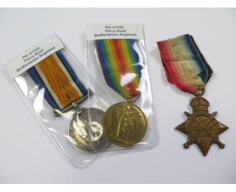 Bedford Regt - 1914 Star Trio (3-7235 Pte P Read 2/Bedf R). (3)