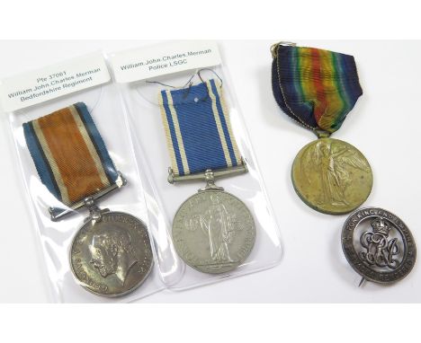 Bedford Regt - BWM & Victory Medal (37061 Pte W J C Merman Bedf R), Police LSGC Medal GVI (Const William J C Merman), and Sil