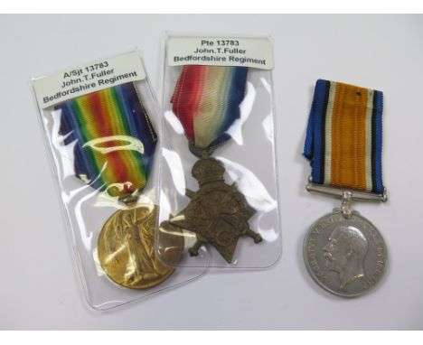 Bedford Regt - 1915 Star Trio (13783 Pte J T Fuller Bedf R. A.Sjt on Pair). (3)