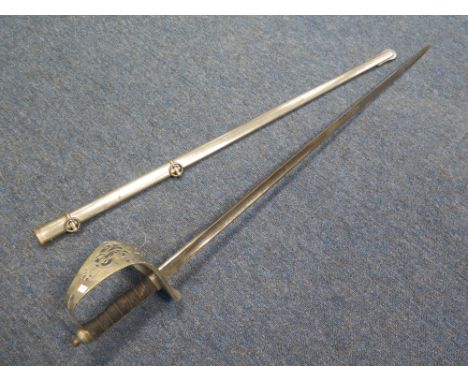 Sword 1897 pattern GRV Infantry Officers sword blade named to R Ridding 12th Royal Sussex Reg in its metal dress scabbard 