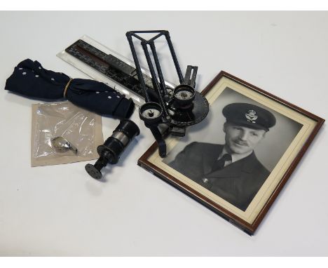 RAF WW2 collection of items include AM marked whistle officers portrait photo with his scathe AM marked cockpit lamp RAF AM m