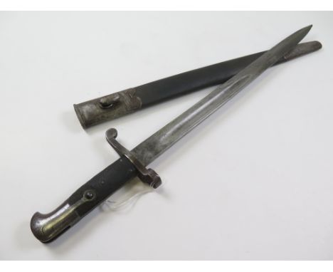 Bayonet: British Pattern 1887 MK IV Sword Bayonet. Ricasso marked 'WD' & '91 (1891). In its steel mounted leather scabbard. I