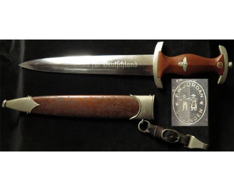 German SA Dagger with metal Scabbard and hanger (maker marked DRGM), blade maker marked 'F.W.JORDAN SOLINGEN'. 