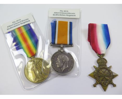 Bedford Regt - 1915 Star Trio (4519 Pte A E Brewin Bedf R). (3)