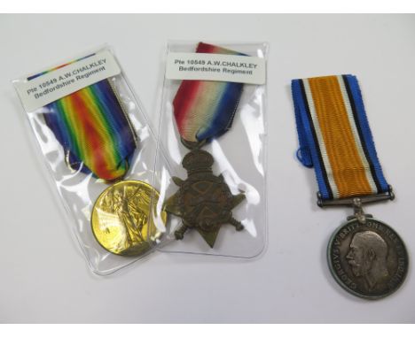 Bedford Regt - 1915 Star Trio (10549 Pte A W Chalkley Bedf R). (3)