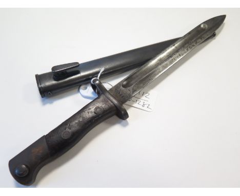 Bayonet: Thailand - a Mauser Model 98 Siamese bayonet. Grips secured by rivets S/E fullered blade in its steel scabbard. Good