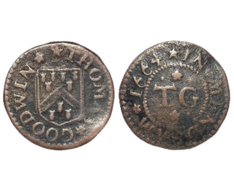 Suffolk, Mendham, 17th. century farthing token, by Thomas Goodwin [sole type], 1664, D.242A, scarce, with old ticket, GF/F