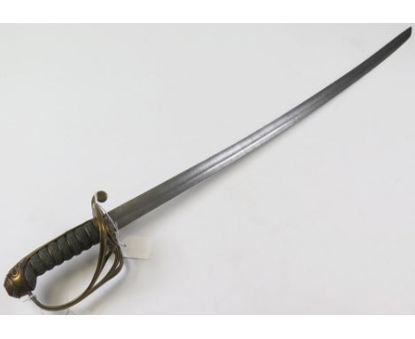 Sword: An 1845/1854 Pattern Sword. Brass Gothic Hilt with solid guard. V.R. Cypher. Wirebound fishskin grip. Single edged bla