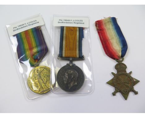 Bedford Regt - 1915 Star Trio (19049 Pte F J Coles Bedf R). (3)