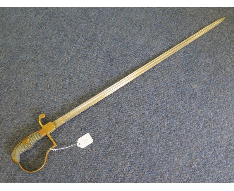 Sword: A Prussian Type Great War Artilleryman's sword. Brass stirrup hilt with wirebound, fishskin grip (g.c). Plain single e