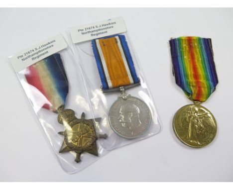 1915 Star Trio to 21674 Pte S J Hawkins North'N R. Killed In Action 10th August 1917 with the 7th Bn Bedfordshire Regt. Born 