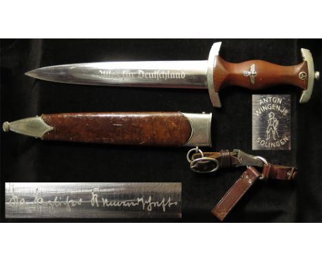 German Ground Rohm SA Dagger with original leather scabbard and hanger, blade maker marked 'ANTON WINGEN JB SOLINGEN'. Rare