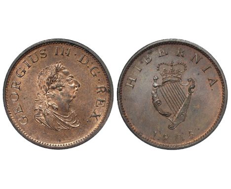 Ireland Halfpenny 1805 aUnc with the obverse having much lustre and the reverse having just a trace (with an old ticket)