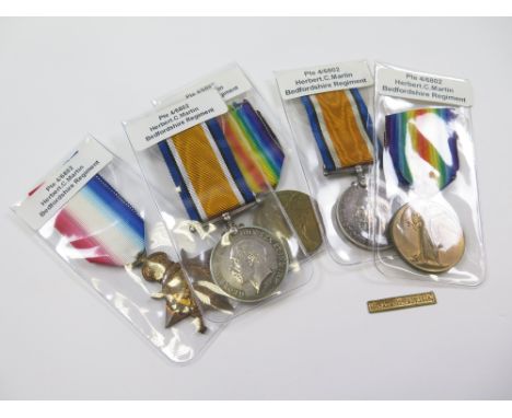Bedford Regt - 1914 Star Trio with Mons clasp (4/6802 Pte H C Martin Bedfs R (Replacement)). Plus BWM & Victory Medal (6802 P
