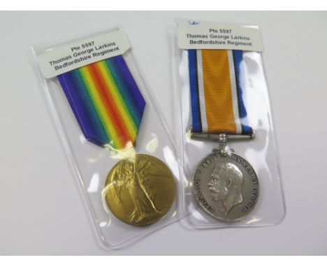 Bedford Regt - BWM & Victory Medal (5597 Pte T G Larkins Bedf R) (2)