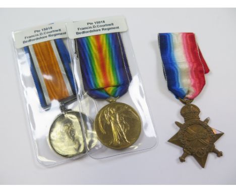 Bedford Regt - 1915 Star Trio (15018 Pte F D Courtnell Bedf R. Sjt on Pair). Served with the 1st Bn (3)
