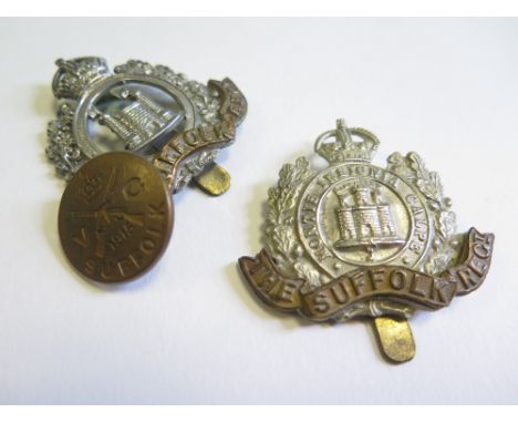 Cap Badges - Suffolk Regt solid o/r GV, Suffolk Territorials badge, and a large 1915 VTC Suffolks button (3) all originals