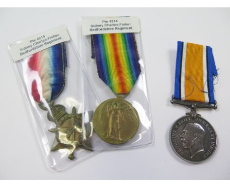 Bedford Regt - 1915 Star Trio (4214 Pte S C Fisher Bedf R) entitled to the Silver War Badge. (3)