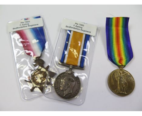 Bedford Regt - 1914 Star Trio (7583 Pte F Apling 2/Bedf R). Entitled to the Clasp and Rosette. Later served with the Military