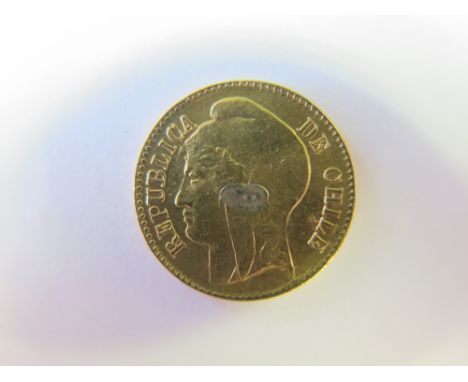 Chile gold 5 Pesos 1895, KM# 153, aEF detail, ex-button mount remnant obv. centre. (0.0883 troy oz AGW)