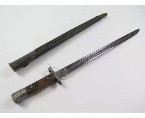 Bayonet: P.07 made by Sanderson in Dec. 1914 in its steel mounted leather scabbard. Worn overall, blade tip blunted.