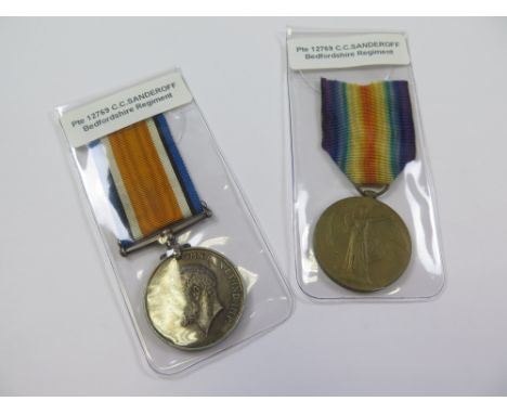 Bedford Regt - BWM & Victory Medal (12769 Pte C C Sanderoff Bedf R). Served with the 7th Bn. Also entitled to the 1915 Star a