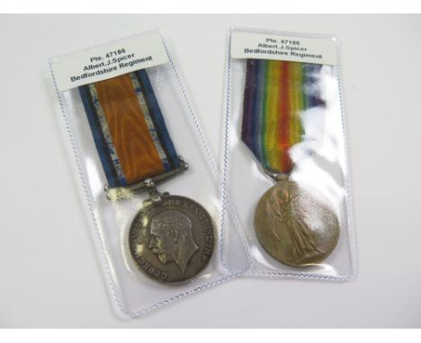 Bedford Regt - BWM & Victory Medal (47186 Pte A J Spicer Bedf R). (2)