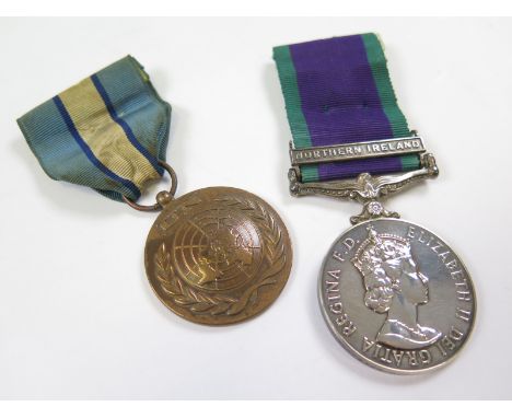 CSM QE2 with Northern Ireland clasp (24115796 Dvr K I Mills RCT), and a UN Medal for Cyprus. GVF (2)