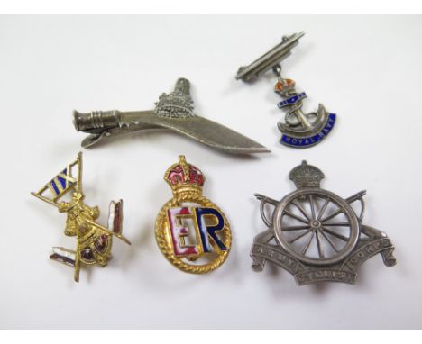 Badges - Sweethearts, 12 Lancers, Army Cyclists (silver a/f), RN (silver), 'ER' kings crown, plus a Gurkha Kukri pin (5)