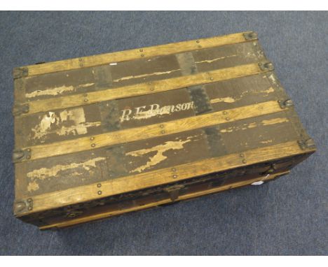 Large Military Trunk with name of R.F.Benson painted to the top. Lt. Col. R F Benson 1st/Bn. E.Yorks Regt, wounded 20.09.14 l