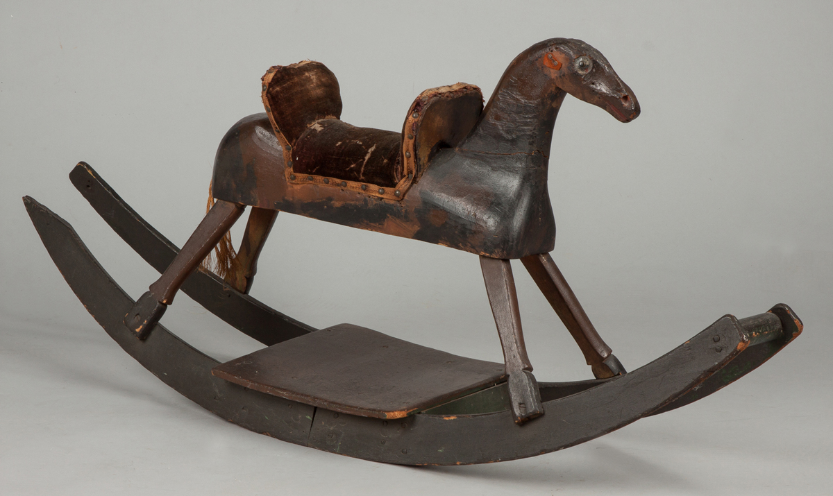 Carved & Painted Folk Art Rocking Horse 19th cent. Sgn. B.P. Crandall, 47 Court... Original paint