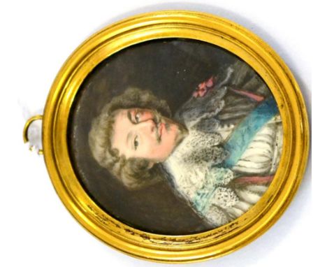 French School Portrait miniature of Henri II de Montmorency, wearing a lace and blue sash Oval, 5.5cm by 4.5cm  After an anon