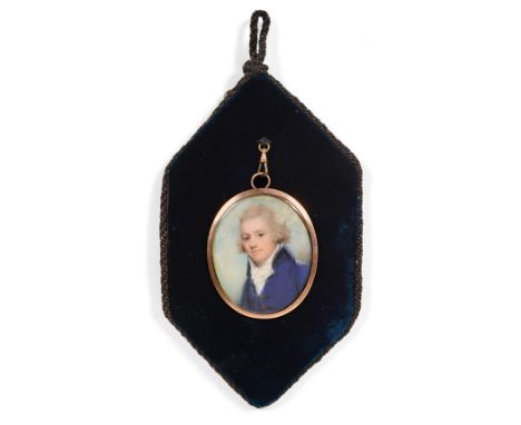 Attributed to Andrew Plimer (1763-1837) Portrait miniature of a young man, wearing a white stock and blue jacket On ivory, ov