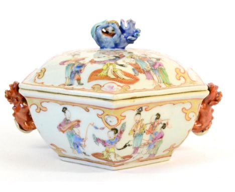 A Chinese Porcelain Hexagonal Tureen and Cover, Qianlong, with mythical beast knop and handles, painted in famille rose ename