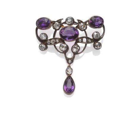 An Amethyst and Diamond Brooch, the amethysts in yellow millegrain settings, with old cut diamonds in white settings, total e