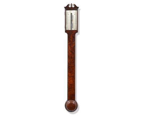 A Mahogany Stick Barometer, signed Wm Heaton, London, circa 1810, swan neck pediment, hinged glass door, concealed mercury tu