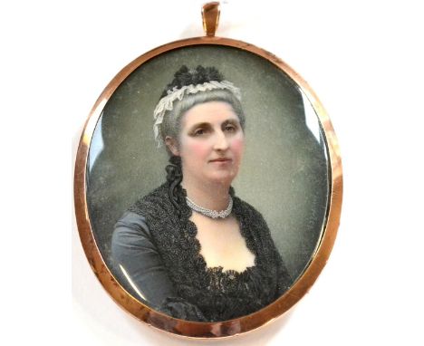 G F Zink Portrait miniature of a lady wearing a pearl choker and black lace headdress and dress Signed G F Zink 1889, 8.5cm b