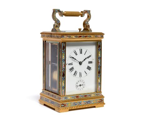 A Champleve Enamel Striking and Repeating Alarm Carriage Clock, circa 1900, carrying handle and repeat button, multi-coloured