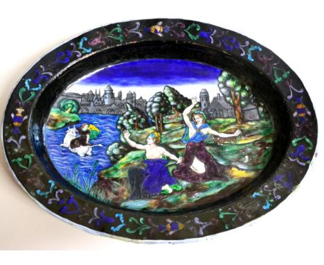 A Limoges Enamel Basin, in 16th century style, of oval form, decorated with the Rape of Europa within a floral foliate border