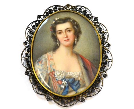 French School (19th century) Portrait miniature of a lady, with pearls in her hair, wearing a décolleté dress and floral shaw