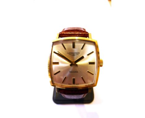 An 18ct Gold Centre Seconds Wristwatch, signed Longines, Record, circa 1975, (calibre 652) lever movement, silvered dial with